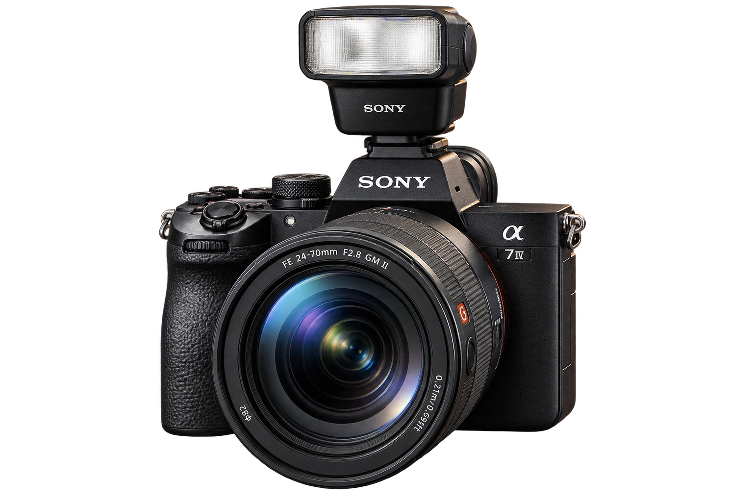 Photographic visual of a Sony-style professional camera with a zoom lens and speedlight